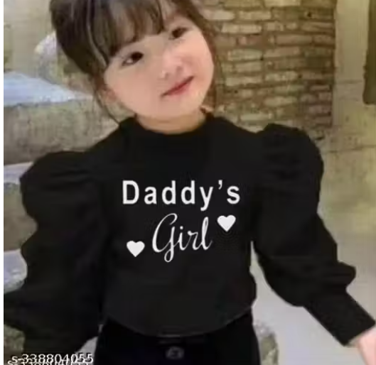 Daddy Girls Printed Puff Sleeves Tops For Kids Girls Black Color