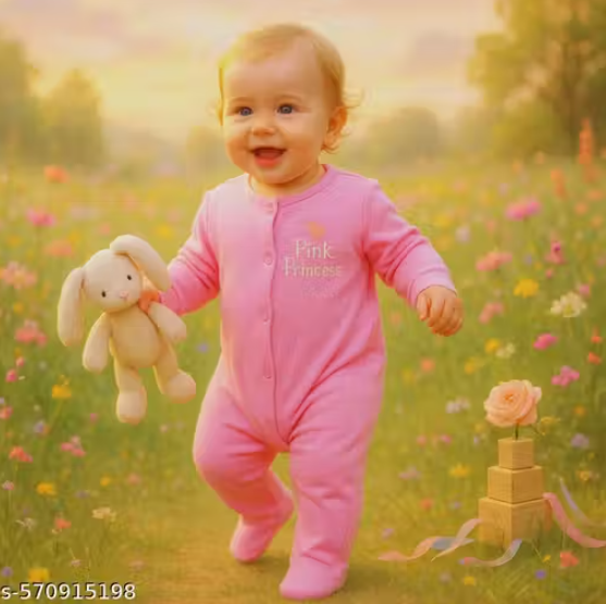 HugzBunny Pink Princess Collection – Ultra‑Soft Full‑Sleeve Cotton Sleepsuit with Non‑Slip Grip & Easy Snap Closure