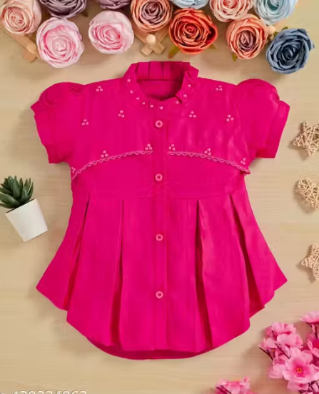 Stylish Rayon Sweet Pink Colour Stone Work High Quality Pure Cotton Top For Kids Girls