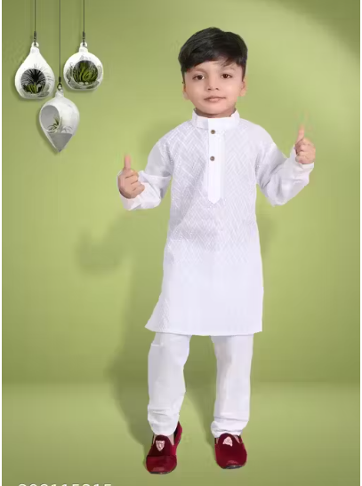 SASTREY Kids White Pure Cotton Kurta Pyjama Ethnic set with Chikankari Work