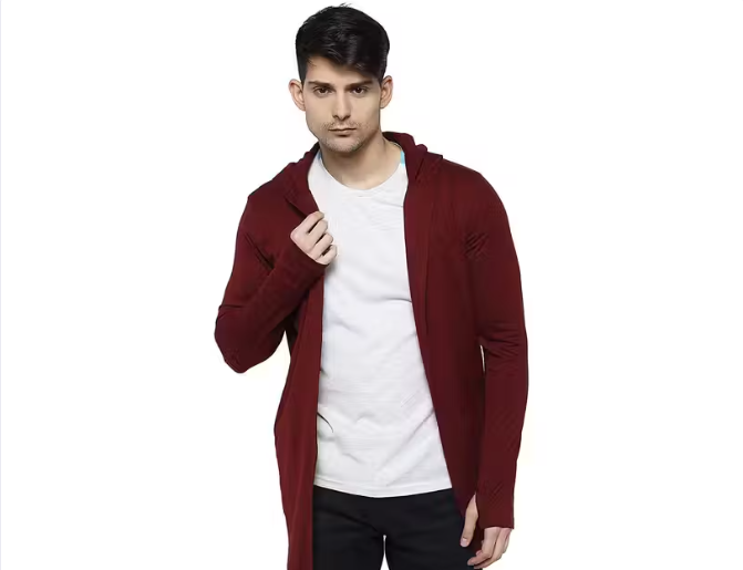 GlamStore Men Mehroon Hooded Thumbhole Open Long Shrug Men's Classic Self Design Cotton Square Neck Collar Full Sleeves Cardigan Overcoat Shrug