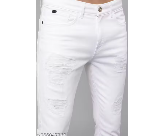 White Distressed Slim Fit Jeans for Men – Embroidered Patchwork, Under ₹500