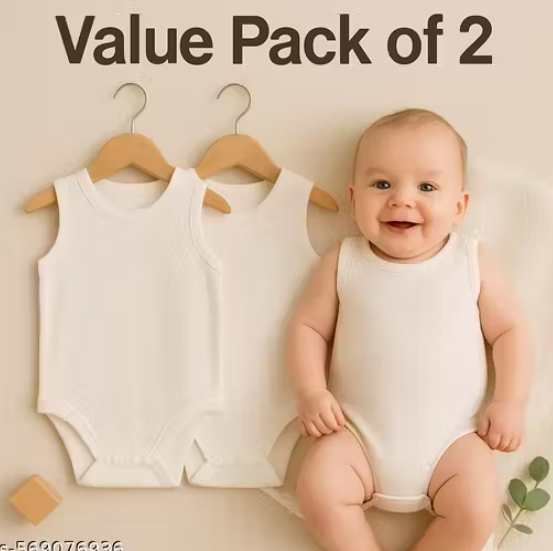 HugzBunny IvoryCuddle Value Pack Set of 2 Newborn Sleeveless Romper – 100% Cotton Baby Babysuit (0–3 Months) – Ultra-Soft & Breathable
