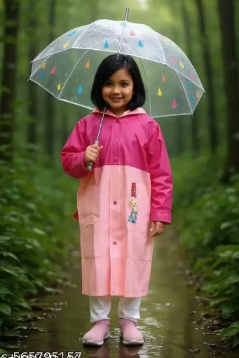 KIDS HOODED WATERPROOF RAINCOAT WITH DRAWSTRING IN VARIOUS STYLISH AND VIBRANT COLORS.