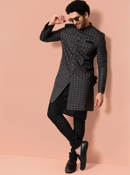 Self Design Mandarin Collar Indowestern Sherwani Set