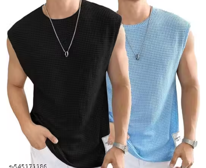 Men's Waffle Tank Tops Sleeveless Round Neck Polycotton T-Shirt for Gym, Running and Outdoor Vest (Pack of 2)