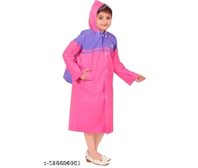 KIDS HOODED WATERPROOF RAINCOAT WITH DRAWSTRING IN VARIOUS STYLISH AND VIBRANT COLORS.