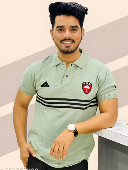 Men's Light Green Polo T-Shirt with Striped Design – Trendy & Comfortable Fit