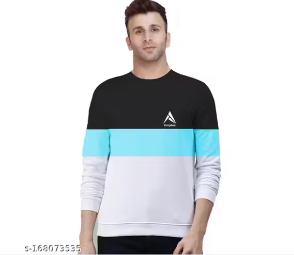 Kroptee Color Block Men's T-shirt Light Blue, White & Black Full Sleeve Round Neck (Pack of 1)