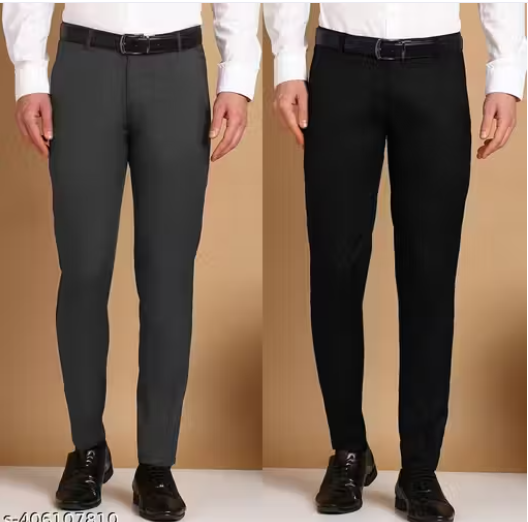 MANCREW Men's Solid Slim Black Trousers (Pack of 2)